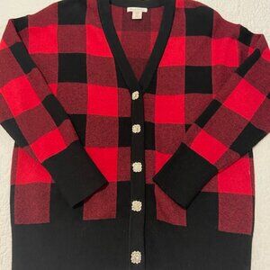 Tommy Bahama Buffalo Plaid V-Neck Button Up Cardigan w/Jewel Buttons Size M